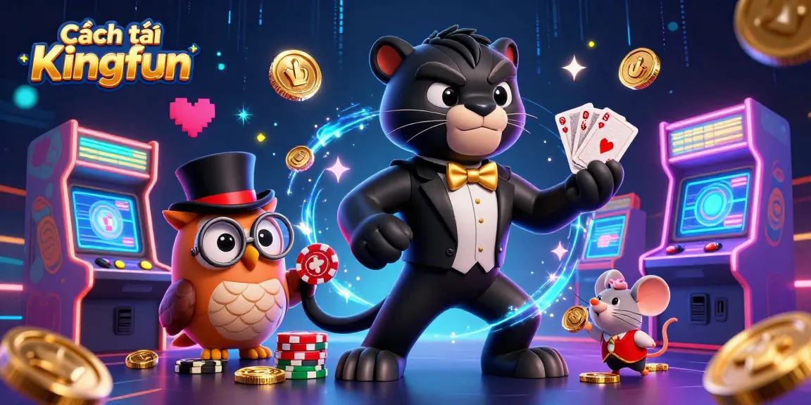 Engage in fun with Cách tải Kingfun, showcasing gaming characters in a vibrant casino illustration.