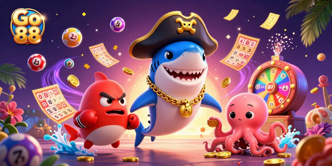 Go 88 offers thrilling gaming action with a playful shark, pufferfish and octopus in a vibrant casino scene.