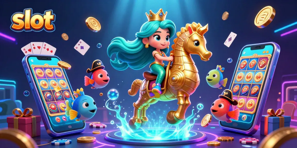 Spin for gold as the mermaid princess rides a seahorse amidst vibrant slot game elements.