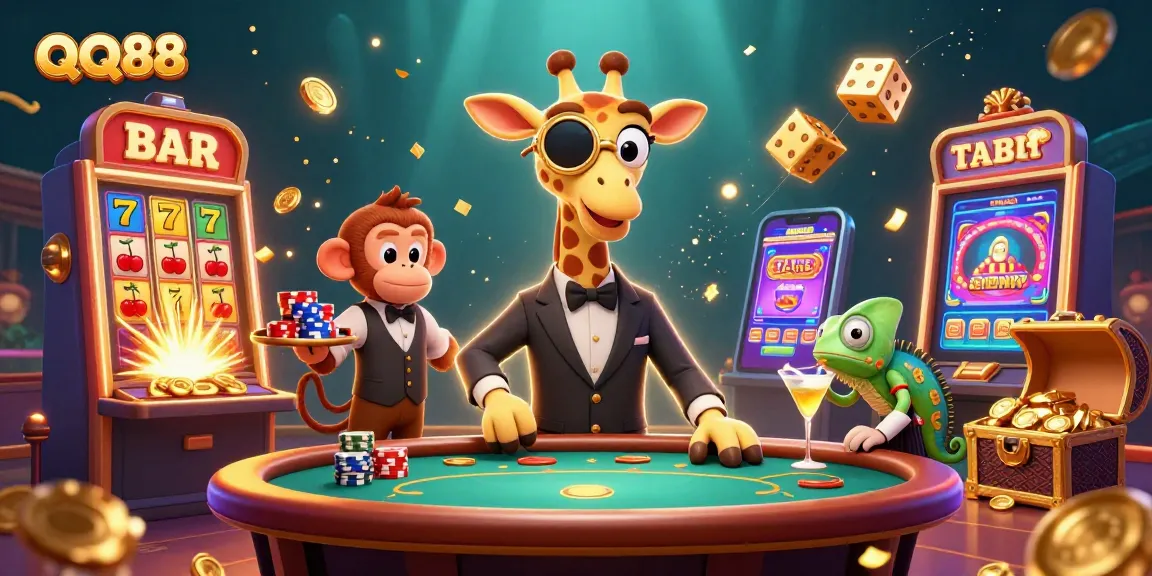 Experience the excitement of QQ88 with a vivid illustration of a high-roller giraffe and vibrant casino elements.