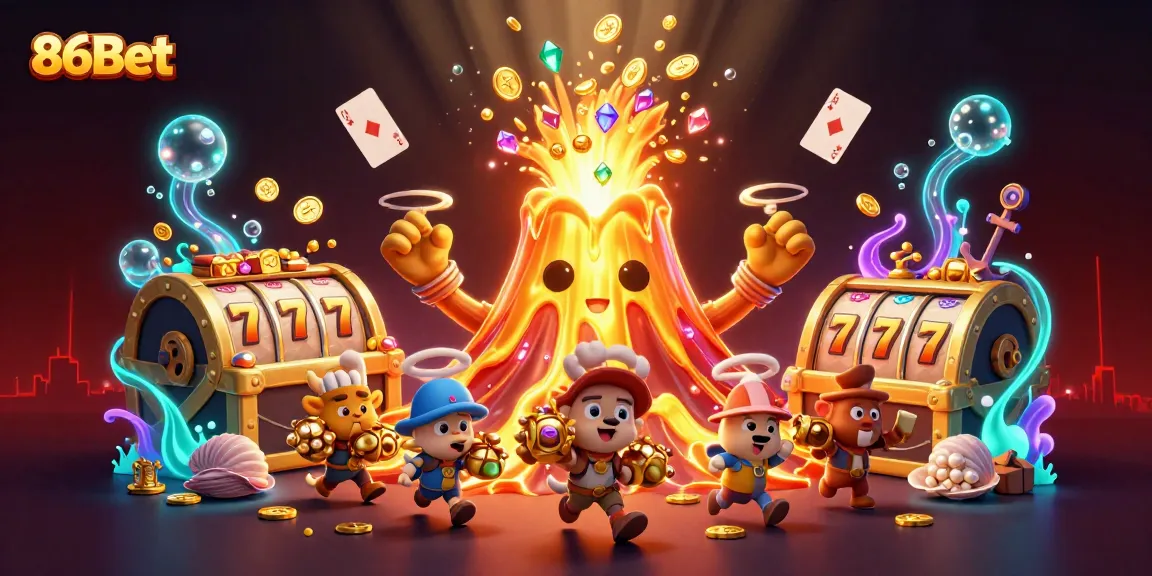 Engage with 86Bet's thrilling casino experience featuring a dynamic, erupting volcano of treasures.