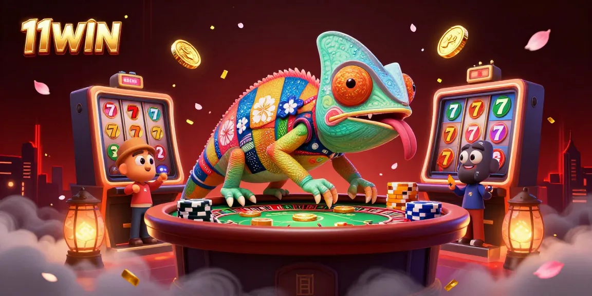 Experience an exciting gaming vibe with 11WIN's colorful chameleon casino owner amidst dynamic slot game elements.