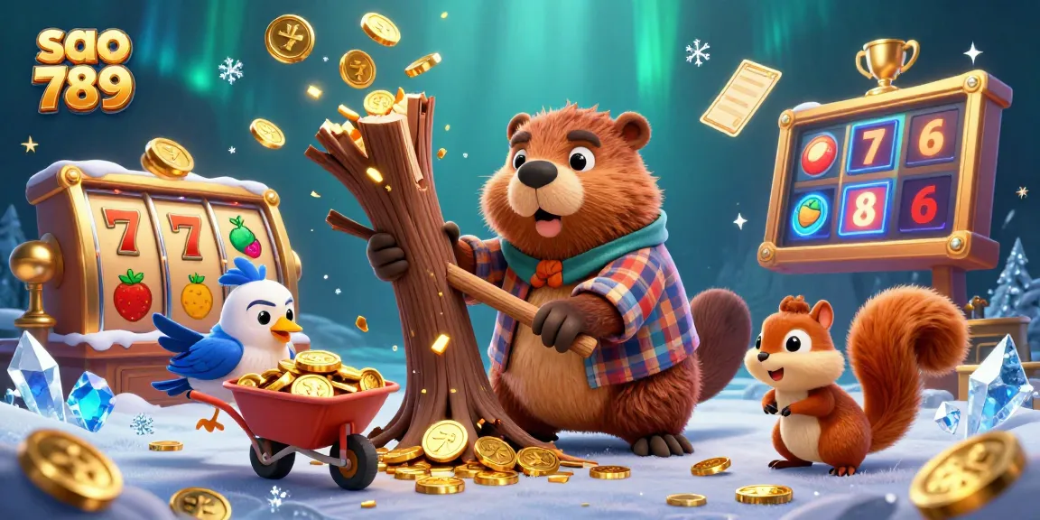 Sao 789 brings excitement to the casino with a beaver and friends stacking coins from a jackpot