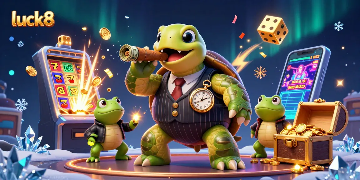 Experience luck8's vibrant casino scene with a snapping turtle and lively characters celebrating jackpot wins!