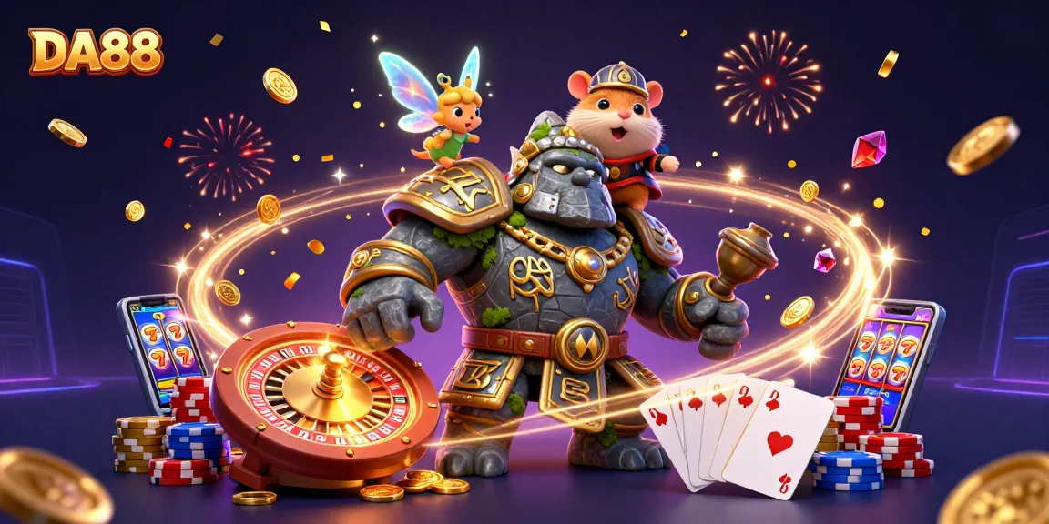 Spin and win with DA88 in a vibrant 3D cartoon casino scene filled with magical treasures.
