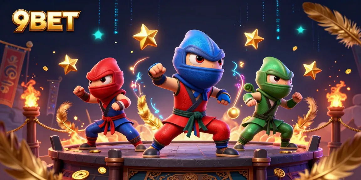 Engage with 9BET's thrilling 3D ninja-themed casino gameplay surrounded by vibrant action.