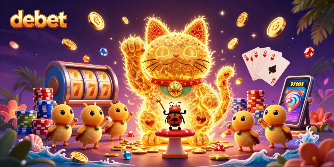 Engage with debet's exciting casino universe featuring a golden lucky cat and slot reels.