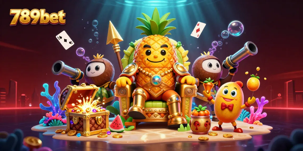 Experience thrilling wins with 789bet in this vibrant 3D casino scene featuring a golden pineapple king.