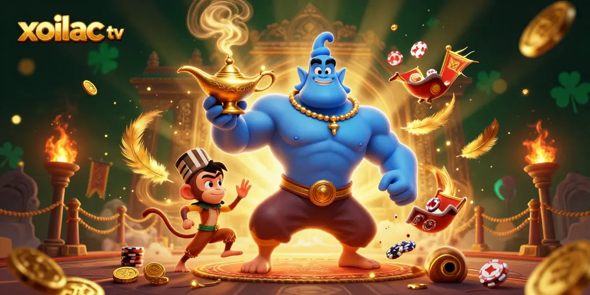 Xoilac TV showcases a dynamic 3D scene with a blue genie, poker chips, and magical elements promoting sports betting.