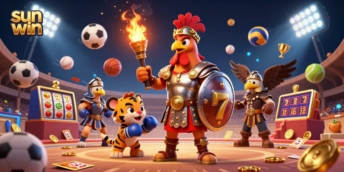 Experience excitement at sun win with a dynamic illustration of a rooster gladiator in a vibrant casino