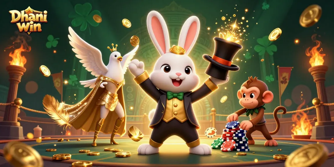 Dive into the excitement of Dhani win with a dynamic scene of magical animals and coins illustrating thrilling gameplay.