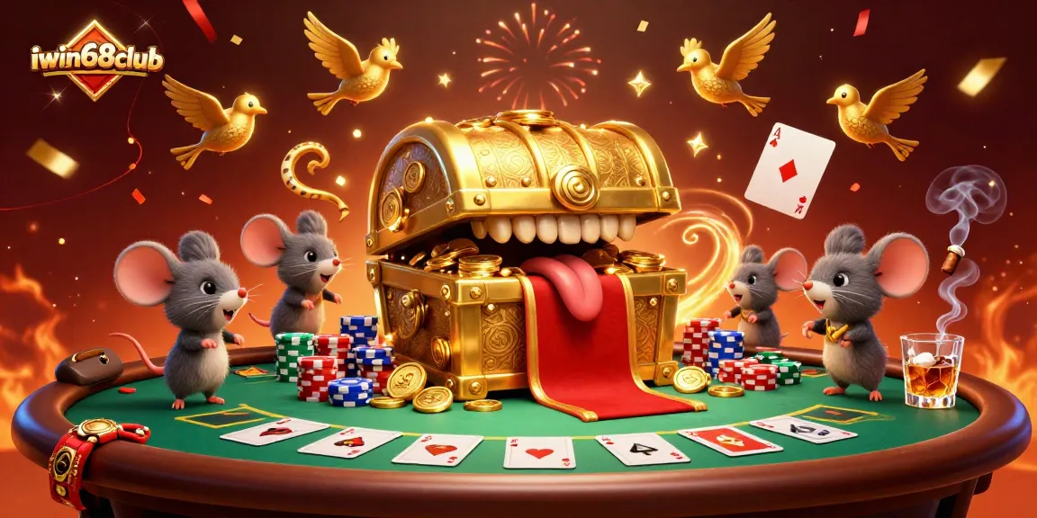 Experience exciting gaming action with iwin68club's vibrant 3D casino scene featuring treasure and poker elements.
