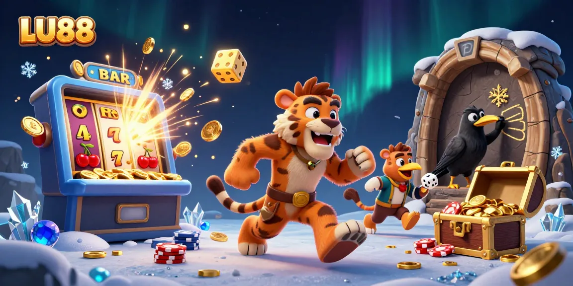 LU88 casino scene with caveman and sabertooth tiger amidst slot machines and rich jackpot visuals