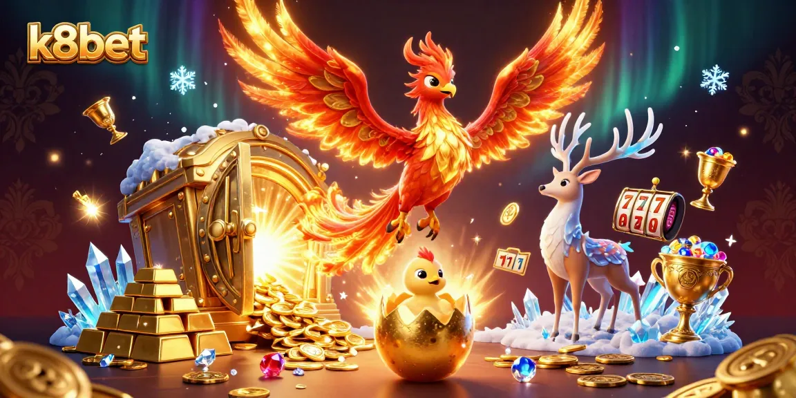 K8bet players enjoy cinematic gaming with a fire phoenix and treasure in a vibrant online casino scene.