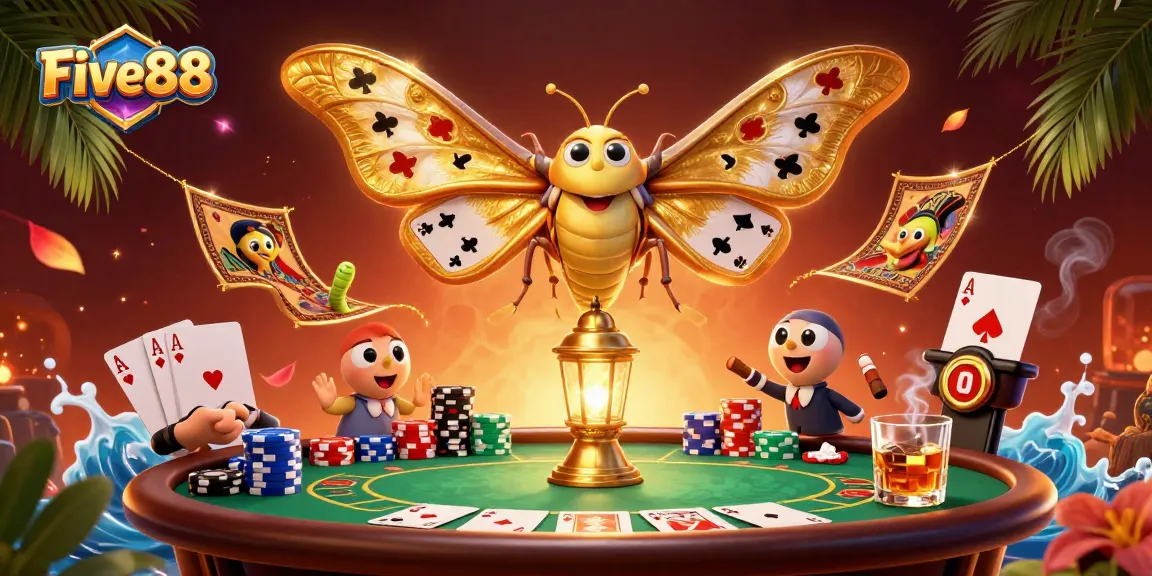 Experience the excitement of Five88 with vibrant casino scenes, poker elements, and golden moths in 3D.