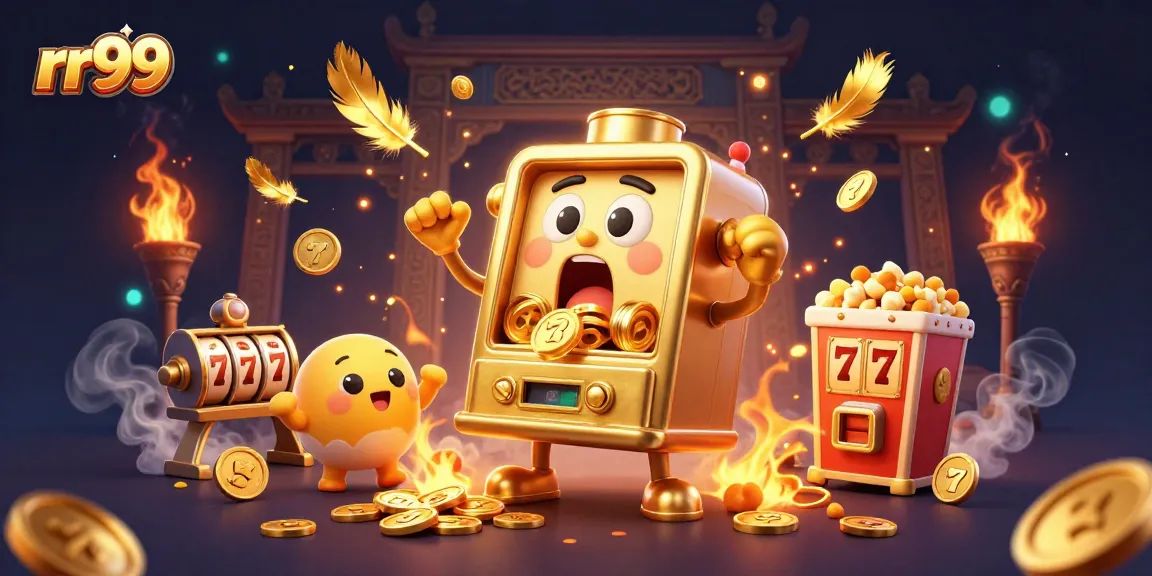 rr99 jackpot celebration of a golden slot machine surrounded by cheering characters and coins.
