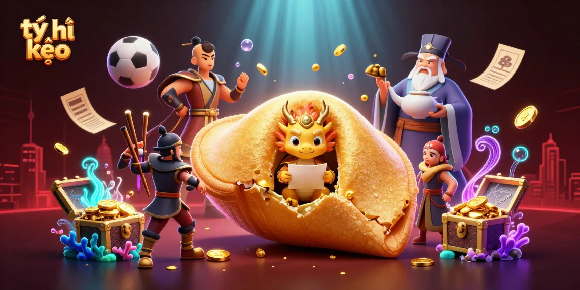 Engage with tỷ lệ kèo insights as tiny dragon reads fortune inside a golden fortune cookie amid gambling elements.