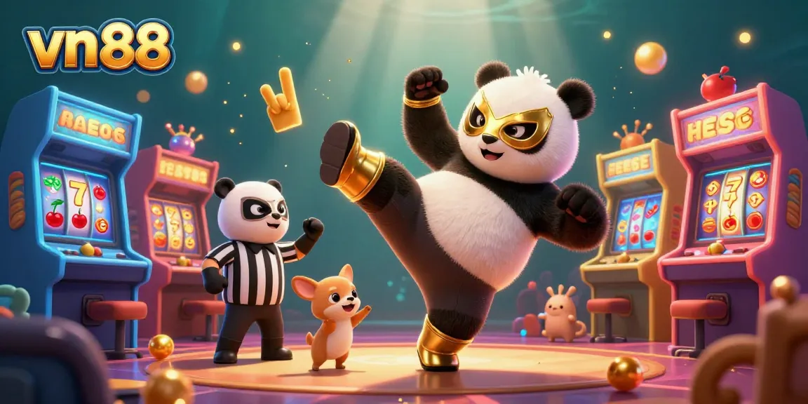 Experience the vibrant vn 88 casino scene with a wrestling panda and a referee in an electrifying game atmosphere.