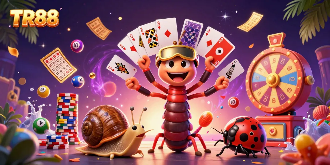 Join the excitement at TR88 with our lively casino scene, featuring cards, chips, and colorful lottery elements.