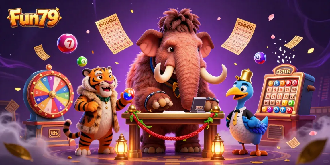 Fun79 casino scene showcasing a vibrant 3D bouncer and VIP guest surrounded by dynamic lottery elements.