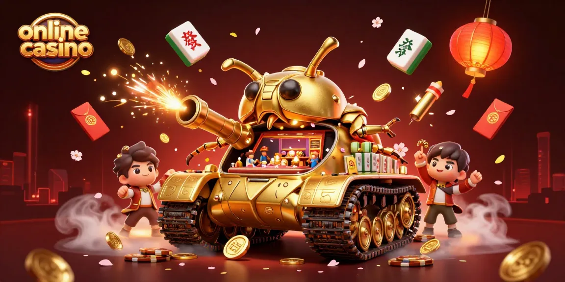 Experience the thrill of the online casino inside a golden beetle tank with confetti and joy.