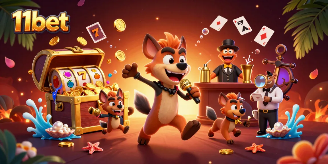 Experience the excitement of 11bet in this vibrant 3D casino illustration featuring hyenas in action.