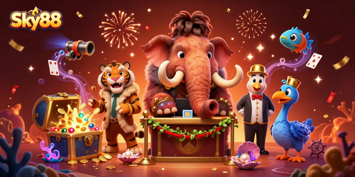 Experience the vibrant excitement of Sky88 with a whimsical casino scene featuring dynamic characters and underwater treasures.