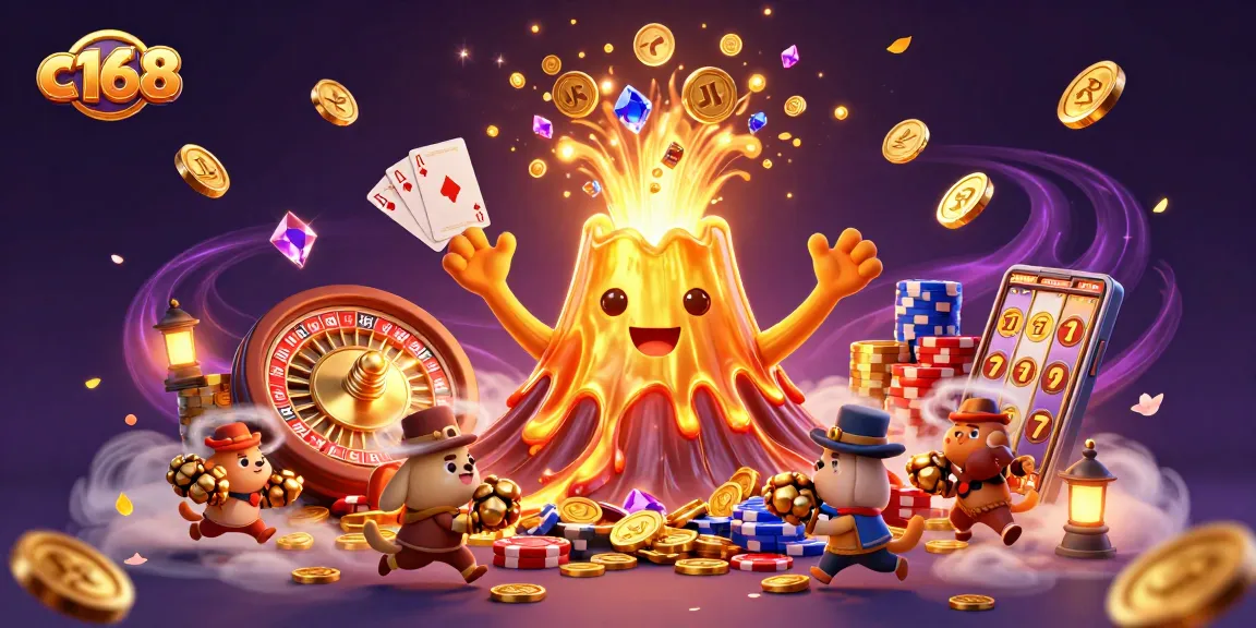 C168 showcases gamblers fleecing treasures from a spectacular golden volcano erupting gems and coins.