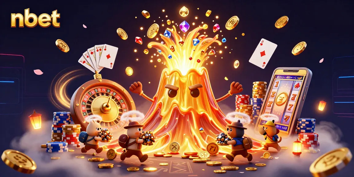 Immerse in nbet's thrilling casino adventure with a golden volcano erupting coins and vibrant gaming elements.
