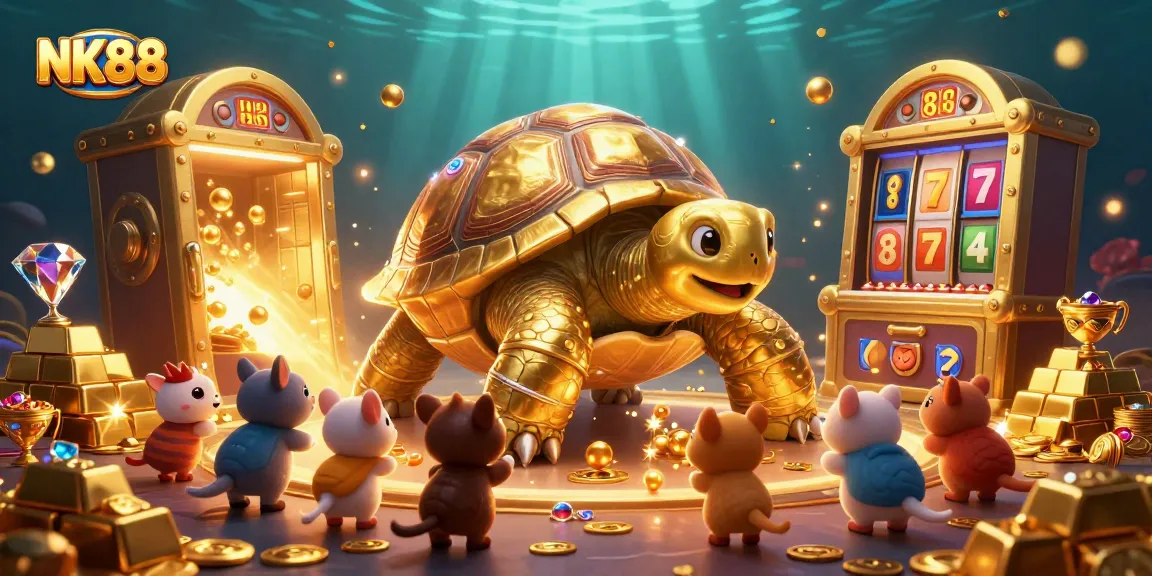 Experience fun at NK88 casino with a massive golden tortoise pinball machine and surrounded treasure.