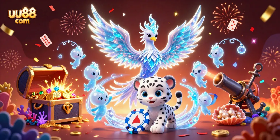 Play slots with uu88 com in vibrant 3D casino world featuring an ice phoenix and poker action.