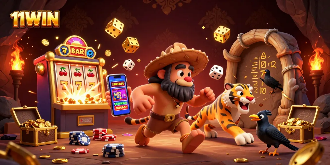Experience the thrill of 11WIN casino adventures with a 3D caveman duo and exciting game elements.