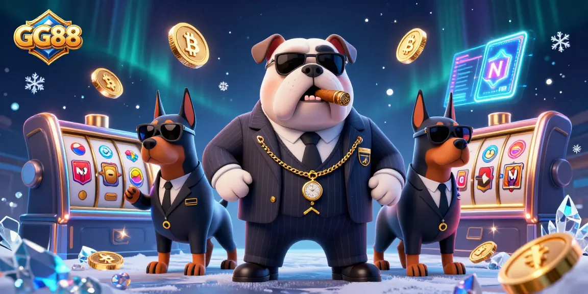 Experience GG88's casino excitement with a dynamic illustration featuring a mafia bulldog and crypto elements.