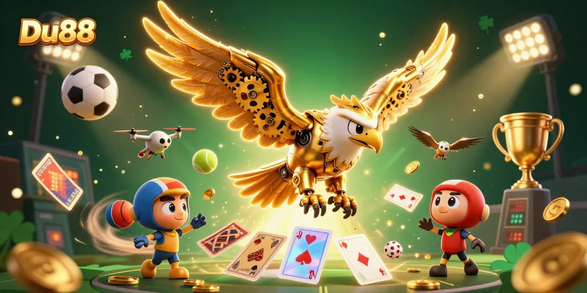Experience thrilling gameplay with Du88 in this vibrant 3D casino scene featuring holographic cards and sports elements.