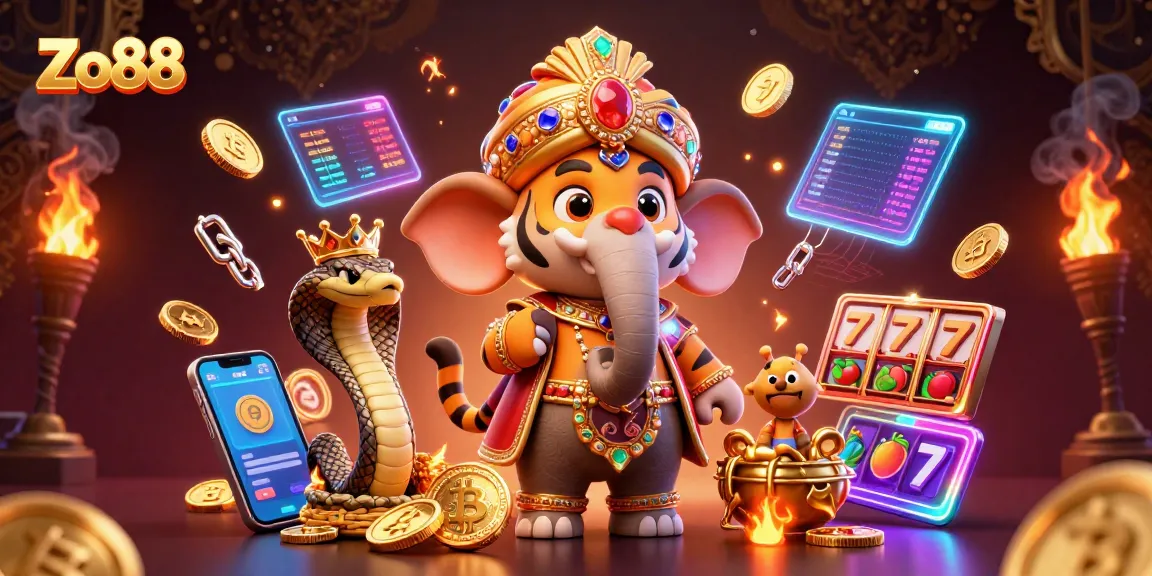 Experience Zo88 excitement with a vibrant casino scene featuring a majestic elephant, fortune symbols, and crypto elements.