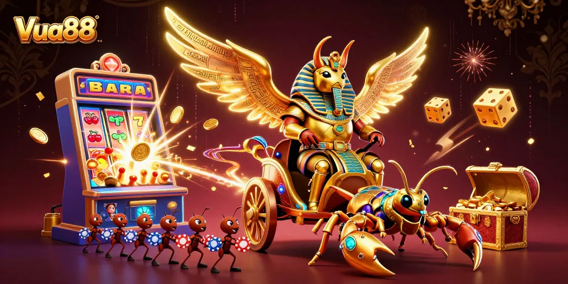 Experience thrilling gameplay with Vua88 as vibrant slot symbols and a golden scarab in action.