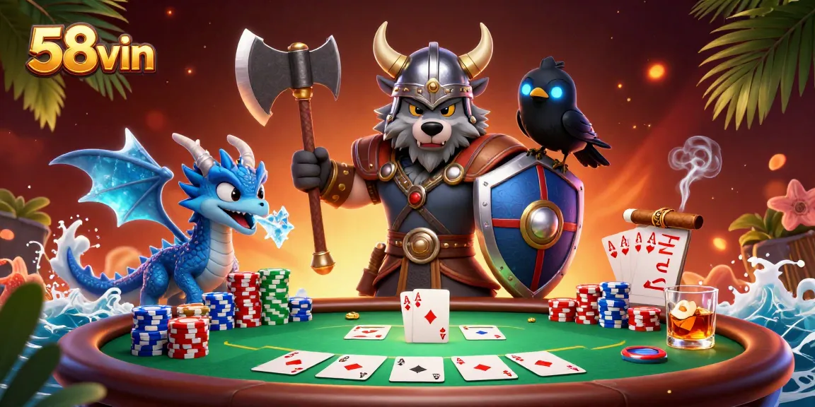Experience thrilling gameplay with 58vin's Viking warrior and dragon at a poker table.