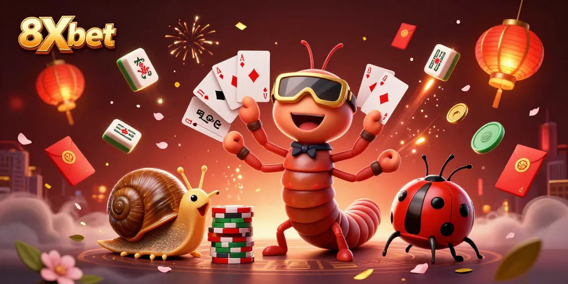 Engage in thrilling gameplay with 8Xbet’s vibrant casino characters, dynamic chips, and colorful festive elements.