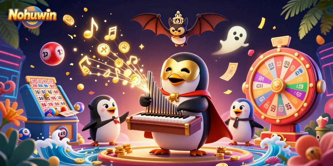 Nohuwin penguin plays organ showering golden coins, surrounded by lottery balls and prizes.