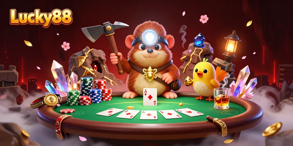 Lucky88 showcases a treasure hunter mole and canary amidst vibrant casino elements, enhancing your gaming adventure.