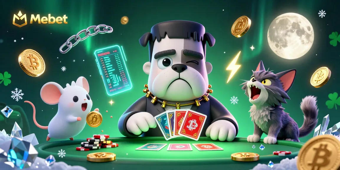 Mebet showcases a cartoon Frankenstein bulldog dealing cards with a werewolf kitten and ghost mouse in a vibrant casino scene.
