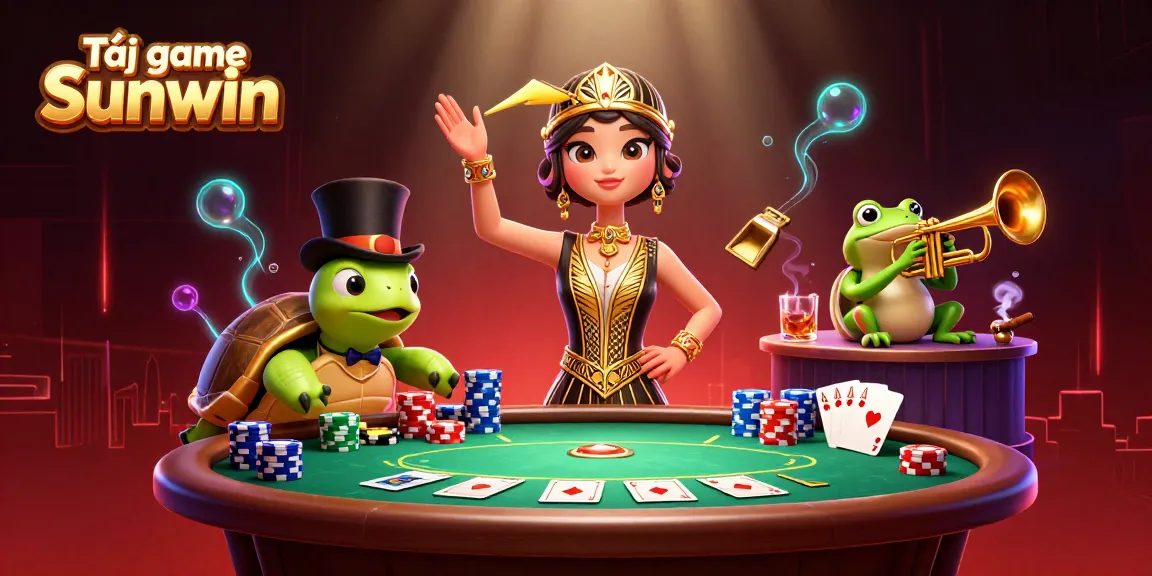 Tải game Sunwin with vibrant characters at a speakeasy, showcasing poker elements and rich colors.