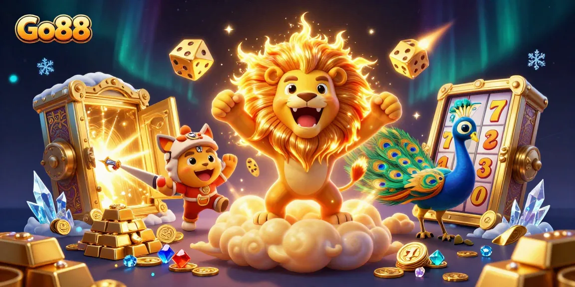 Engage in thrilling action at Go88, showcasing exciting slot reels and golden treasures.