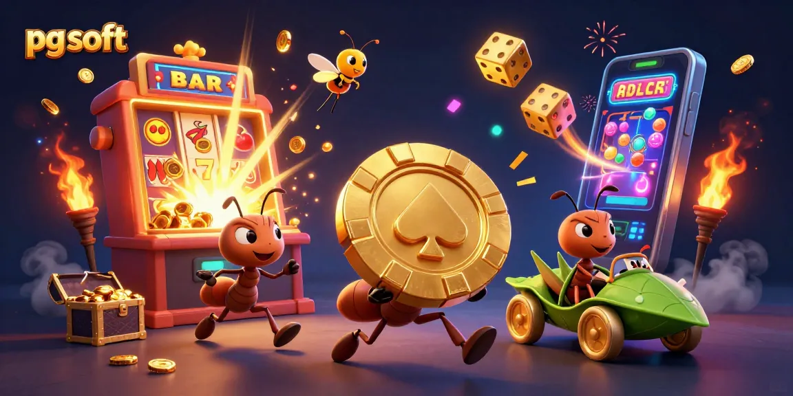 Experience thrilling wins with pg soft as ants carry a giant chip in a dynamic casino heist scene.