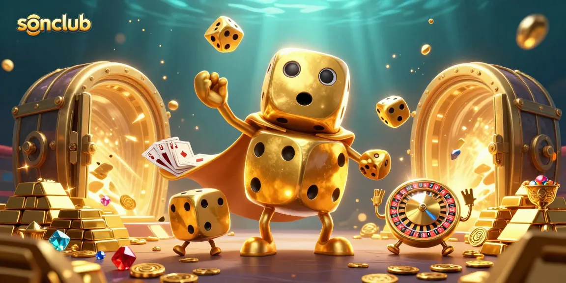 Experience thrilling spins with sonclub's golden dice golem and vibrant casino jewels.
