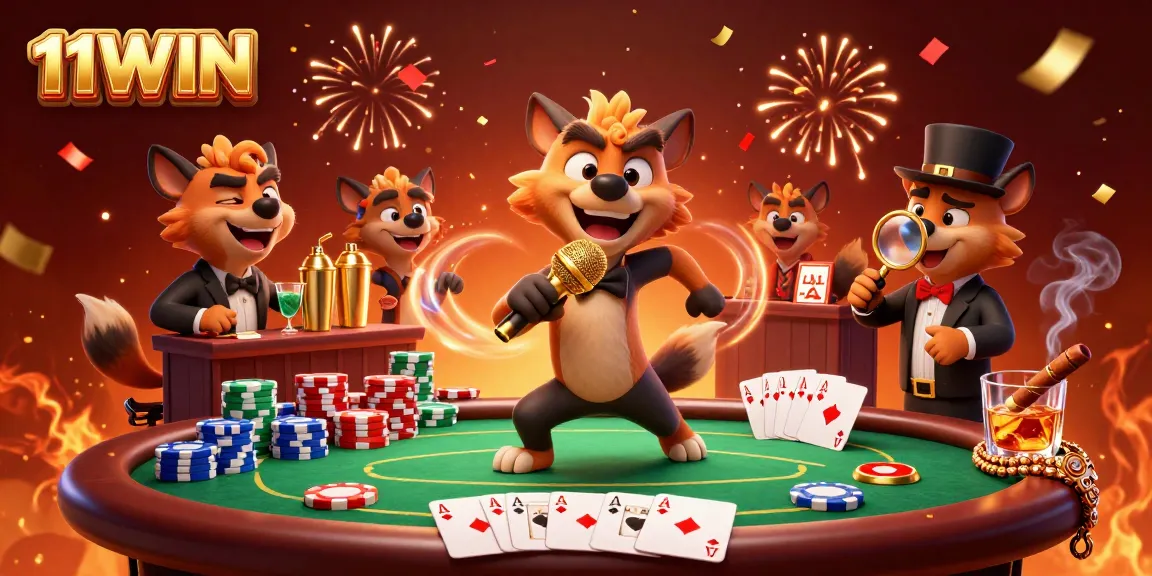 Experience the vibrant 11WIN comedy casino scene featuring animated hyenas engaging in gambling activities.