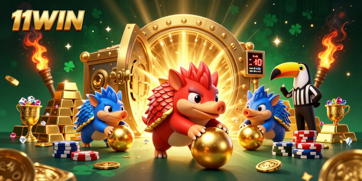 Engage with 11WIN through a lively 3D illustration of pangolins playing casino games amidst golden treasures.