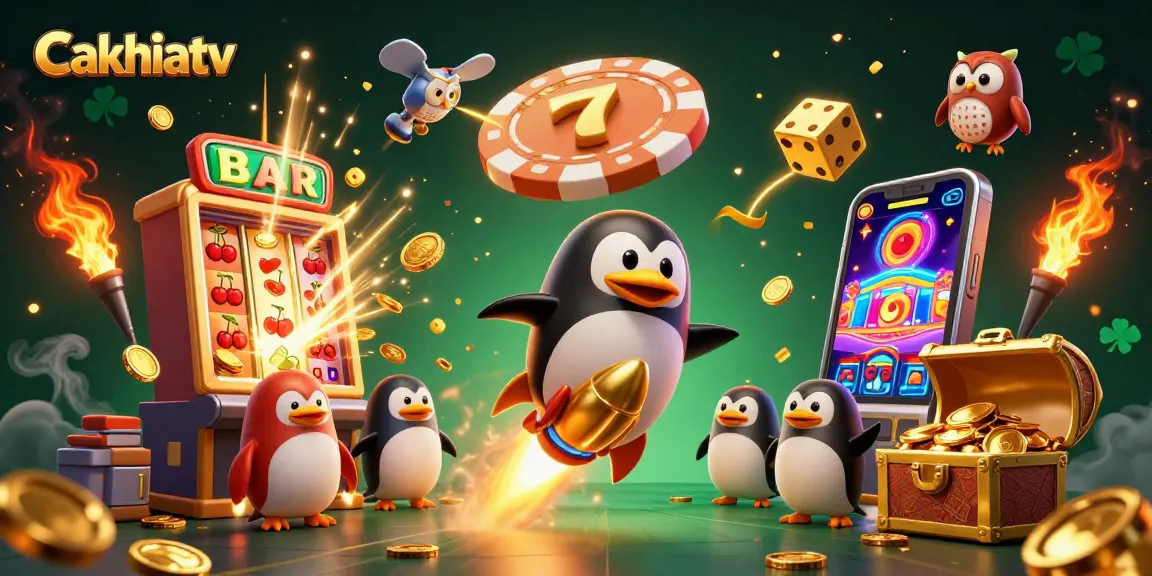 Cakhiatv event showcasing a rocket-powered penguin and a casino space station with vibrant elements