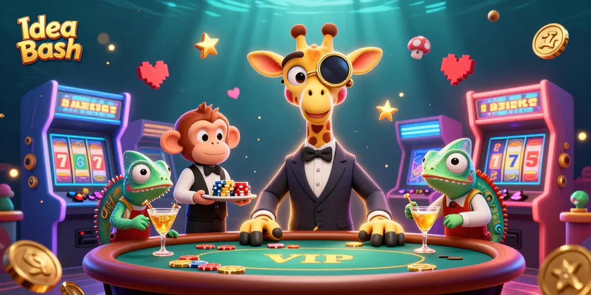 Experience thrilling gaming action at Idea Bash with a lively giraffe, monkey, and chameleon in a vibrant casino scene.
