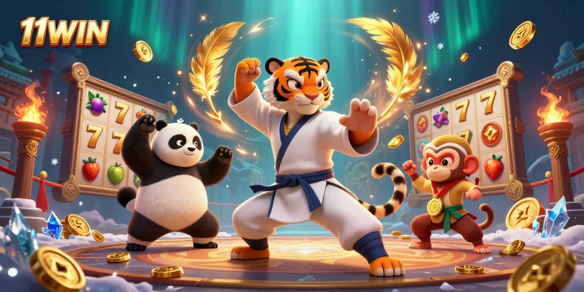 Join the slots excitement at 11WIN with a dynamic 3D cartoon depiction of action-packed gaming fun.